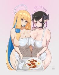 2girls angel apron beauty_mark big_breasts black_hair blonde_hair blue_eyes breasts elf elf_ears elf_female food frogart1 goth goth_girl halo huge_breasts impregnation_request large_breasts milf naked_apron nocturna pink_hair pointy_ears suggestive two-tone_hair wife wife_and_wife xaessya yuri