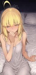 1girl 1girls absurdres ahoge artoria_pendragon bare_shoulders bed blonde_hair blush breasts cleavage fate/stay_night fate_(series) female_only green_eyes hair_between_eyes hand_up highres kamisato_sora long_hair looking_at_viewer nightgown on_bed pillow saber_(fate) shy sitting sleeveless small_breasts solo solo_female solo_focus white_nightgown