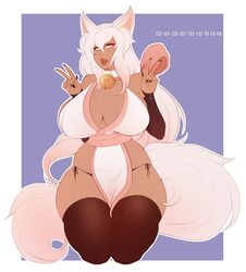 1girls animal_ears artist_name big_breasts breasts clothing female female_only green_eyes hair kokobuttz large_breasts long_hair panties solo tail thick_thighs thighhighs thighs v watermark white_hair