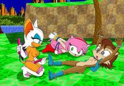 3girls amy_rose blue_eyes boots bracelet brown_fur brown_hair cyan_eyes female female_only gloves green_eyes green_hill_zone headband multiple_girls pink_fur pink_hair rouge_the_bat sally_acorn sex_toy sonic_(series) strap-on strapon tied tied_hair white_fur white_hair