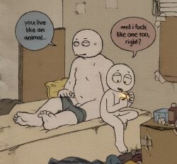 2boys absurdres alex_(homie) bald big_guy_(homie) cigarette clothes_on_floor colored_skin commentary english_commentary english_text highres homunculus100 implied_after_sex lighter lighting_cigarette male_focus male_underwear male_underwear_pull messy_room multiple_boys no_nose nude original paper_texture penis underwear unlit_cigarette_in_mouth unworn_clothes white_skin yaoi