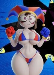 1girl ai_generated big_boobs big_breasts bikini blue_glove edit edited fortnite glitch_productions grok jester jester_hat looking_at_viewer pomni pomni_(tadc) pomni_(the_amazing_digital_circus) red_glove solo solo_female the_amazing_digital_circus thick thick_thighs