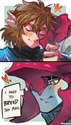 blonde_hair blush cuddling ear_wiggle earrings inner_monologue link link_(breath_of_the_wild) mochiboni pointy_ears prince_sidon sidon_(zelda) smiling the_legend_of_zelda yaoi yellow_eyes zora