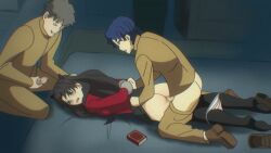 black_hair blue_eyes blue_hair empty_eyes fate/stay_night fate_(series) matou_shinji panties_down rape thighhighs tohsaka_rin twintails uniform