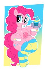 anthro areola big_breasts blue_background blue_clothing blue_eyes blue_legwear blue_thigh_highs border breasts clothing cuffs_(clothing) cutie_mark equid equine eyelashes female friendship_is_magic front_view fur genitals hair hasbro hi_res horse legwear long_hair looking_at_viewer mammal mschaox6 my_little_pony nipples pattern_clothing pattern_legwear pattern_thigh_highs pink_areola pink_body pink_fur pink_hair pink_nipples pinkie_pie_(mlp) pony simple_background smile solo striped_clothing striped_legwear striped_thigh_highs stripes thigh_highs vulva white_border yellow_background yellow_clothing yellow_legwear yellow_thigh_highs