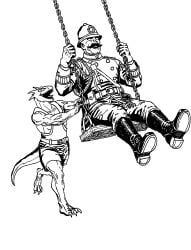 belt belt_buckle belt_pouch boots chains claws deadlock feet gorgon hands human key monochrome mustache overalls police_uniform postto pushing scalie smile snake swing teeth traditional_media_(artwork) valve vyper_(deadlock) warden_(deadlock)