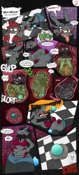2020 abdominal_bulge anthro awoogasm ball bodily_fluids bottomwear burping claws clenched_teeth clothing comic comic_panel dialogue digestion digestion_noises digestion_sequence duo ellipsis english_text eyes_closed fan_character fangs fatal_vore female female_pred fishnet_clothing fishnet_leggings fishnet_legwear fur generation_5_pokemon hair hand_behind_head hand_on_belly heart_(marking) hi_res internal leggings legwear lying male male_prey markings mouth_closed navel neck_bulge nintendo nude on_front open_mouth oral_vore overweight overweight_anthro overweight_female panties pokemon pokemon_(species) saliva saliva_on_tongue saliva_string shirt shorts signature slightly_chubby slightly_chubby_anthro slightly_chubby_female soft_vore sound_effects speech_bubble standing stockings tank_top teeth text tongue tongue_out topwear underwear vore wide_eyed zoroark