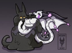 2020 ambiguous_gender anthro arm_grab awoogasm belly belly_grab big_belly bloated bodily_fluids breasts canid canine canis cybernetics cyborg digital_media_(artwork) dragon drinking duo ebony_(awoogasm) english_text expansion female female/ambiguous female_pred force_feeding forced heart_symbol horn inflation leg_grab long_tongue machine mammal mythological_creature mythological_scalie mythology nude onomatopoeia penetration robot scalie signature simple_background size_difference sound_effects tail text tongue xal_(xalware)