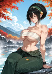 1girl ai_assisted ai_generated anger_vein arm_support artist_name autumn autumn_leaves avatar:_the_way_of_water avatar_the_last_airbender bangs bare_shoulders black_hair blue_sky blush breasts cloud collarbone curvaceous curvy curvy_female curvy_figure day falling_leaves female green_eyes hair_between_eyes lake large_breasts leaf leaf_hair_ornament lips looking_at_viewer makeup maple_leaf miyuai mountain navel onsen outdoors rock sarashi shiny short_hair sitting sitting_on_rock sky smile solo the_legend_of_aang thick thick_ass thick_butt thick_hips thick_legs thick_thighs toph_bei_fong tree voluptuous voluptuous_female water waterfall wet wide_hips wide_thighs