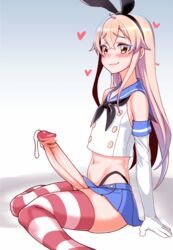 1boy big_penis blonde_hair blush censored erection femboy girly hung_trap kantai_collection long_penis looking_at_viewer loopingwing male male_only penis rule_63 shimakaze_(kantai_collection) thighhighs trap yaoi