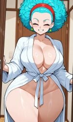 afro_hair ai_generated bathrobe big_breasts blue_hair bulma_(afro) bulma_briefs closing_eyes curvy_female curvy_figure dragon_ball houseofwaifu huge_breasts seductive_look smiling thick thick_hips thick_legs thick_thighs voluptuous wide_hips wide_thighs