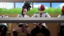 2boys 2girls 3d animated ass bottomless buttplug clothed eijirou_kirishima erection female fingering greatm8 hagakure_tooru_(invisible) handjob invisible male momo_yaoyorozu mutual_masturbation my_hero_academia penis public pussy sex_toy shounen_jump shouto_todoroki sitting sound source_filmmaker straight text tooru_hagakure tooru_hagakure_(invisible) under_the_table video watermark