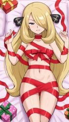 1girls ai_generated blonde blonde_female blonde_hair creatures_(company) cynthia_(pokemon) female game_freak gift gift_wrapped gift_wrapping light-skinned_female light_skin looking_at_viewer nintendo nude nude_female pokemon pokemon_dppt seductive seductive_look self_upload