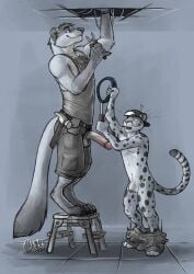 2024 anthro anthro_on_anthro athletic athletic_anthro athletic_male bottomwear bottomwear_down cheetah clothed clothing dated duo erection felid feline flaccid foreskin genitals hat headgear headwear hi_res holding_cable holding_object holding_screwdriver holding_tool hufnaar humanoid_genitalia humanoid_penis kyyanno male male/male male_anthro mammal markings mustelid musteline open_mouth pants pants_down partially_clothed partially_colored penis pubes red_tongue screwdriver shorts side_view size_difference spots spotted_arms spotted_legs spotted_markings spotted_tail standing striped_markings striped_tail stripes tail tail_markings tongue tools topwear true_musteline weasel