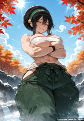 1girl abs ai_assisted ai_generated anger_vein artist_name autumn autumn_leaves avatar:_the_way_of_water avatar_the_last_airbender bare_shoulders black_hair blue_sky breasts cloud covered_nipples curvaceous curvy curvy_female curvy_figure day falling_leaves female green_eyes grin hair_between_eyes hairband hakama hip_vent holding_leaf japanese_clothes leaf leaf_hair_ornament looking_at_viewer maple_leaf miyuai muscle muscular_female outdoors rock sarashi sky smile solo steam the_legend_of_aang thick thick_ass thick_butt thick_hips thick_legs thick_thighs toph_bei_fong tree voluptuous voluptuous_female water waterfall wet wide_hips wide_thighs