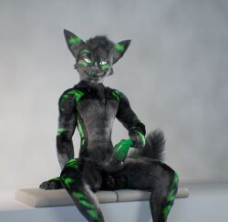 3d_(artwork) absurd_res animal_genitalia anthro biped black_body black_fur digital_media_(artwork) fur gay gay_anal genitals green_markings green_penis grey_body grey_fur hair hi_res homosexual homosexual_male knot knotted_penis male male_anthro male_focus male_only male_penetrated male_penetrating markings nude penis rexouium sheath sitting solo