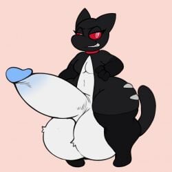 anthro balls big_balls big_penis breasts clothing domestic_cat felid feline felis genitals gynomorph hi_res huge_balls huge_penis hyper hyper_balls hyper_genitalia hyper_penis intersex looking_at_viewer mammal penis red_eyes skinsuit solo thick_thighs tight_clothing trans_(lore) trans_woman_(lore) trixie_(apollysabyss) unzipped virito white_balls white_breasts white_penis zipper