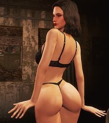 1girls ass big_ass bra brown_eyes brown_hair fallout_4 female female_focus female_only game_screenshot light-skinned_female light_skin lingerie lipstick looking_at_viewer looking_back mature_female medium_hair milf nora_(fallout_4) pose sole_survivor thick_ass thong