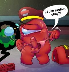 absurd_res among_us among_us_(series) anthro balls blush blush_lines bodily_fluids bulge clothed clothing crewmate_(among_us) cum dialogue duo genital_fluids genitals green_(among_us) hi_res hip_grab humanoid innersloth leaking_cum leaking_precum male male/male nude panties partially_clothed penis pink_clothing pink_panties pink_underwear precum pull_out red_(among_us) solo speech_bubble sweat sweatdrop tears text underwear underwear_down wide_hips zeraklawz