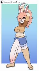 anthro balls bedroom_eyes big_balls big_penis blush bottomwear breasts cel_shading clothed clothed/nude clothing genitals gynomorph hair hand_behind_head happy hi_res high_boots huge_balls huge_penis humanoid_genitalia hyper hyper_balls hyper_genitalia hyper_penis intersex lagomorph leporid looking_at_viewer mammal max_draws molly_(max_draws) narrowed_eyes nude one_eye_closed patreon penis ponytail rabbit seductive shaded shorts simple_background solo standing stretching sweater topwear