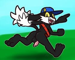 2026 3_toes anthro balls bandai_namco belt black_balls black_body black_fur black_perineum blue_clothing blue_hat blue_headwear butt casual_nudity clothing cute_fangs dipstick_ears dipstick_tail domestic_cat ear_markings fangs feet felid feline felis fur genitals gesture glans hand_gesture hat headgear headwear humanoid_genitalia humanoid_penis hybrid klonoa klonoa_(series) lagomorph leporid long_ears male mammal markings mostly_nude motion_lines multicolored_ears nude open_mouth orange_nose penis perineum pink_glans pink_penis pointing pupils rabbit red_belt running smile solo tail tail_markings tail_tuft teeth toes tuft ultilix white_body white_fur yellow_eyes