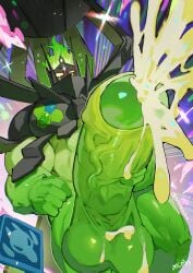 1boy abs absurdres bara blush cum ejaculation erection facing_viewer flying_sweatdrops hideo_(yata_shoshinsha) highres male_focus mega_zygarde mixed-language_commentary muscular muscular_male nipples pectorals penis pokemon pokemon_(creature) signature testicles zygarde zygarde_(complete)