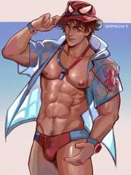 1boy bara bulge male male_only marvel marvel_rivals muscular muscular_male solo speedo spider-man spider-man_(marvel_rivals)
