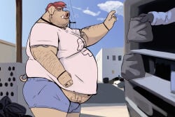 3:2 anthro arm_tattoo belly belly_hair belly_overhang belly_peek big_belly body_hair bottomwear bracelet breath bulge clothed clothing commercial_vehicle delivery_(commerce) delivery_vehicle detailed_bulge domestic_pig ear_piercing femboy floppy_ears food_truck fully_clothed gay gay_anal hair hairy holding_bag homosexual homosexual_male jewelry male male_focus male_only male_penetrated male_penetrating mammal medium_truck moobs multi-stop_van navel necklace offscreen_character outside piercing ring screen shirt shorts sky small_tail solo suid suine sus_(pig) t-shirt tail tattoo tcw topwear truck tusks van vehicle