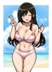 1girls beach big_breasts black_hair blue_eyes breasts breasts_out dead_or_alive exposed_breasts female kokoro_(doa) large_breasts long_hair one_eye_closed pink_swimsuit request rotomdocs swimsuit