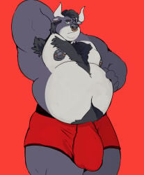 anthro armpit_hair barbell_piercing belly belly_overhang big_belly big_bulge body_hair bovid bovine boxer_briefs bulge cattle chest_hair clothed clothing detailed_bulge ear_piercing eyebrow_piercing facial_piercing hand_behind_head hand_on_belly happy_trail hi_res horn huge_bulge looking_at_viewer male mammal musclegut muscular muscular_arms muscular_legs navel nipple_piercing nipples nose_piercing nose_ring pecs piercing ring_piercing septum_piercing septum_ring simple_background solo standing tcw underwear underwear_only