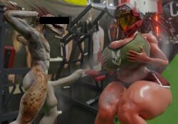 3d_(artwork) absurd_res alien anthro arm_quills armor athletic_wear balls big_balls big_breasts big_penis breasts butt censor_bar censored_eyes clothed clothed_female clothed_human clothing colored digital_media_(artwork) dorkle24 duo erection faceless_character faceless_female faceless_human female female_human female_on_anthro genitals gym halo_(series) hand_on_own_breast hands_behind_head headgear helmet hi_res human human_on_anthro humanoid_genitalia humanoid_penis ibie'shan interspecies kig-yar light_body light_skin male male/female male_anthro male_on_human mammal microsoft nude_anthro penis presenting presenting_penis quill_hair red_quills reptile scales scalie sitting standing tan_body tan_scales thick_thighs unsc wide_hips xbox_game_studios xenophilia