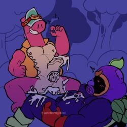 after_sex blushing brawl_stars cordelius_(brawl_stars) cum cum_in_ass dinosaur doug_(brawl_stars) erection gay_sex male_only pleasure_face somehornydud3 tagme