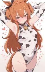 1girls armpits cow_bell cow_print horse_girl mayano_top_gun_(umamusume) orange_eyes orange_hair small_breasts tail thick_thighs umamusume umamusume_pretty_derby