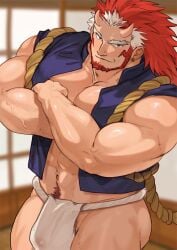 balls bara beard bulge crossed_arms facial_hair flaccid fundoshi horns long_hair male male_only muscles muscular penis red_hair right_(yomi_no_tsugai) shanshankuo solo solo_male yomi_no_tsugai