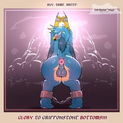 1:1 anus avian balls beak blue_body blue_eyes blue_fur bound butt cold-blooded-twilight crossdressing crossdressing_(mtf) crossdressing_male cuff_(restraint) english_text feathered_wings feathers femboy feral friendship_is_magic fur gallus_(mlp) gay gay_anal genitals gryphon hasbro hi_res homosexual homosexual_male looking_at_viewer looking_back male male_focus male_only male_penetrated multicolored_body my_little_pony mythological_avian mythological_creature mythology pupils quadruped rear_view restraints shackled shackles smile solo tail text wings