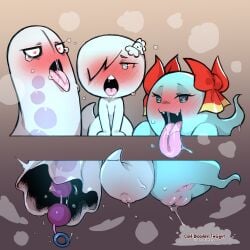 ambiguous_gender anal_beads anus blue_body blush bodily_fluids boo_(mario) bow_ribbon carrie_krueger cartoon_network cold-blooded-twilight crossover female genital_fluids genitals ghost group hair heart_pupils heart_symbol hi_res humanoid lady_bow mario_(series) napstablook nintendo not_furry open_mouth paper_mario saliva sex_toy spirit the_amazing_world_of_gumball tongue tongue_out trio undertale undertale_(series) vaginal_fluids vulva white_body white_hair