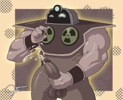 balls ballsack beefereater bodily_fluids boner brown_body cum cumming ejaculation erection genitals guardian holding_penis male male_only muscular muscular_male nipple_play penis_holding playing_with_nipple regular_show