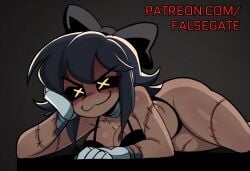 1girls :3 absurd_res ai_generated black_bow black_bra black_hair black_panties black_sclera bow bow_in_hair bra breasts cleavage colored_sclera cyborg cyn_(murder_drones) cyntessa_(murder_drones) dark-skinned_female dark_skin falsegate glitch_productions hair_bow head_in_hand highres humanoid large_breasts lying_on_stomach murder_drones non-human on_stomach paid_reward_available panties patreon patreon_username robot robot_girl scar scars scars_all_over self_upload smile smirk smug solo stable_diffusion symbol-shaped_pupils thick_thighs uncensored wide_hips x_pupils yellow_eyes