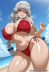 1girls ai_generated artist:remington34 ass bangs beach big_ass big_breasts bikini bimbo blue_ribbon, blush braid cameltoe character:grayfia_lucifuge contrapposto copy:high_school_dxd curvaceous_female curvaceous_figure curvy curvy_body erect_nipples_under_clothes fat_ass female female_focus flirting flirting_with_viewer grey_hair hair_ribbon horny hot_day huge_breasts inviting_to_sex large_ass large_breasts looking_at_viewer maid_headdress mature_female milf mommy ocean outdoors palms posing presenting presenting_self red_bikini red_eyes seductive_look sidelocks smile thicc_thighs wet wet_hair wide_hips