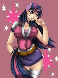 1girls animal_ears big_breasts breasts cleavage d-xross friendship_is_magic horn humanized looking_at_viewer miniskirt my_little_pony purple_background purple_eyes purple_hair shiny tail thighhighs twilight_sparkle_(mlp)