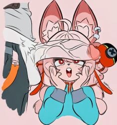 ai_assisted ambiguous_gender anthro blush casual_clothing chibi clean_lines clothing colored digital_media_(artwork) domestic_cat duo ear_accessory electronics felid feline felis female ferichx fluffy fur genitals hand_on_cheek happy hat headgear headphones headwear hoodie hybrid lagomorph leporid long_ears mammal mihoyo open_mouth pastel_theme penis penis_in_face pink_body pink_fur rabbit red_eyes simple_background small_body surprised topwear white_body white_fur zenless_zone_zero zhao_(zenless_zone_zero)