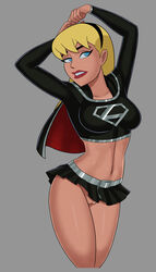 1girls ass athletic black_skirt black_suit blonde_hair blue_eyes breasts busty dc dc_comics dcau enemy_conversion eyelashes female fit fit_female hourglass_figure kara_zor-el long_hair medium_breasts microskirt no_panties pussy silver_belt solo sunsetriders7 supergirl supergirl_(dark) superman_(series) tagme wide_hips