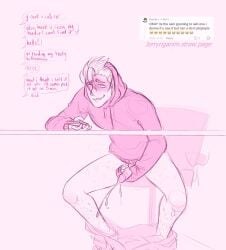 1boy 2d blush circumcised cum cumshot ejaculation english_text erect_penis erection gay hairy_legs hoodie jerking jerryriganims male male_only masturbation monochrome pants_down penis phone sam_(stardew_valley) sketch smartphone solo stardew_valley sweat text text_message
