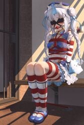 absurdres arms_behind_back ball_gag blindfold blush bondage bound breast_bondage breasts commentary_request detached_sleeves double_bun dress drooling frilled_dress frills frostbite_(artist) gag gagged gochuumon_wa_usagi_desu_ka? grey_hair hair_bun hat highres kafuu_chino long_hair pussy_juice restrained shibari_over_clothes shoes sitting skindentation small_breasts socks tam_o'_shanter very_long_hair white_socks wiffle_gag