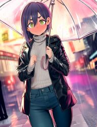 1girls ai_generated female female_only green_eyes haraga_kurumi kimi_no_koto_ga_dai_dai_dai_dai_daisuki_na_100-nin_no_kanojo lewd_expression purple_hair short_hair
