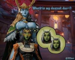 3ddeed 4k black_hair blender blender_eevee blue_skin boobs_out breast_squeeze breast_squish breasts breasts_on_head breasts_out cleavage_overflow curious_expression curvy curvy_female curvy_figure female_focus female_only frost_giant genderswap_(mtf) green_eyes green_skin hairy_armpits hi_res hiding lady_loki lady_loki_(marvel_rivals) loki_(marvel) mantis_(marvel) mantis_(marvel_rivals) marvel marvel_rivals meme meme_reference no_shirt rule_63 shocked_expression thor_(series) two_women yuri