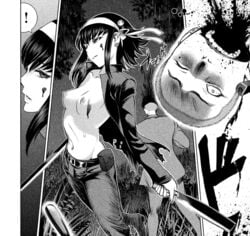 assassin blood blood_on_face breasts breasts_out comic death guro hideo_mino holding_weapon killing male_death manga monochrome murder satanophany snuff tomoe_aya yamada_yoshinobu