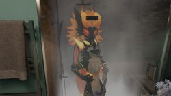 16:9 3d_(artwork) 4k absurd_res anthro bathing bathroom black_body black_fur blender_(artwork) blender_eevee_(artwork) blue_body blue_fur digital_media_(artwork) door dragon duo eyes_closed fur furred_dragon furred_scalie genitals glass_door glowing glowing_markings hair hand_holding hi_res horn hug inside kinktober kinktober_2025 looking_at_another male markings mythological_creature mythological_scalie mythology orange_body orange_eyes orange_fur orange_hair orange_horn penis purple_penis scalie shower_head shower_stall showering showering_together smile somesnowleopard steam tapering_penis tile tile_wall toilet tongue tongue_out torso_grab towel wall_(structure) water white_body white_fur wickerbeast widescreen yellow_body yellow_fur yellow_horn
