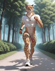 2026 abs ai_generated animated anthro athletic athletic_male balls blinking bottomless bouncing_balls bouncing_pecs bouncing_penis cheetah clock clothed clothing crotch_tuft day felid feline flaccid footwear front_view fur genitals grass jewelry low-angle_view male mammal mouth_closed necklace nipple_outline outside path pecs penis plant running shirt shoes short_playtime shrub solo tagme tan_body tan_fur tight_clothing tight_shirt tight_topwear topwear tree tuft video watch white_body white_fur