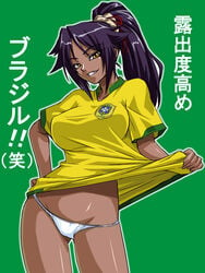 1girls 2006_fifa_world_cup bleach brazil clothing confident dark-skinned_female dark_skin eyebrows_visible_through_hair eyelashes female female_only football football_uniform fully_clothed green_background hair_scrunchie japanese_text kagami kagami_hirotaka latin_america latina lifted_by_self lowres national_personification no_pants panties ponytail purple_hair scrunchie sexually_suggestive shihouin_yoruichi shiny_hair shiny_skin shirt_lift smile smiling soccer soccer_uniform solo standing teeth text thong translated underwear white_panties white_thong white_underwear world_cup yellow_eyes yellow_shirt yoruichi_shihouin